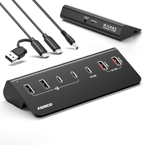 FIDECO 7-portars strömförsörjd hubb 72 W, USB-hubb med 1 PD 45 W, 2 QC 3.0-laddningsportar och 4 portar 10 Gbps USB 3.2 (2 USB-A + 2 USB-C), aluminiumhubb för bärbar dator, PC, MacBook, iPhone 17/16