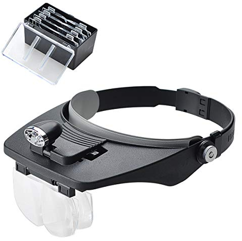 COVVY Headband Magnifier with 2 LED Light,Handsfree Headset Loupe Head Mounted Magnifying Glasses with 4 Detachable Lenses for Reading,Electronic Repair,Jewelry,Sewing,Crafts,Watch (Black)