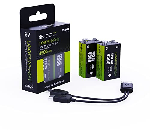 Verico LoopEnergy 9V Block 2er Pack, PP3, 4500 mWh, Wiederaufladbare USB-C Batterie, Li-Ion, 1 Ladekabel USB Type A auf 2 x Type C