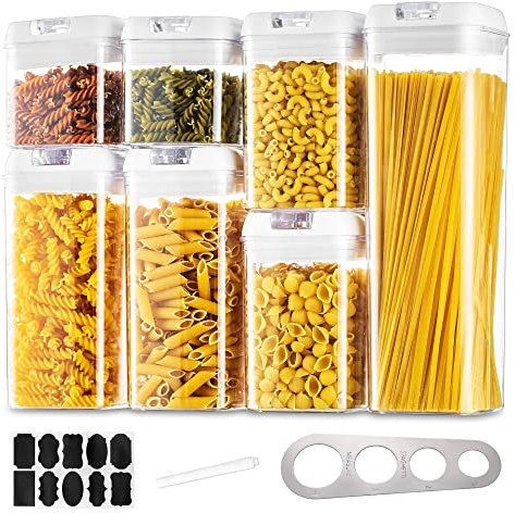 Vorratsdosen Aufbewahrungsbox Küche Vorratsbehälter Aufbewahrung: 7 Stück Luftdichte Pasta Behälter Set mit Weiß Einfach Lock Deckel Stapelbar Lebensmittel Aufbewahrung zum Spaghetti Müsli Cornflakes