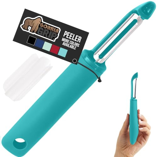 GORILLA GRIP® Patented BPA-Free Vegetable Peeler, Extra Sharp Swivel Stainless Steel Blades with Guard, Comfortable Soft Handle, Easily Peel Carrots Fruit, Potato Eye Remover, Washer Safe Turquoise