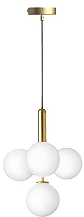 ZTTECH 4-Light White Glass Globe Chandelier Pendant Light Fixtures,Gold Base with Clear Glass Ball Hanging Lamp for Kitchen Island (White Glass & Gold Metal)