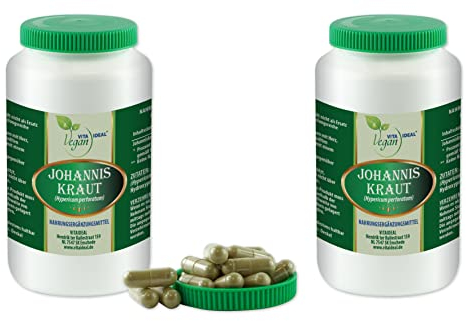 VITA IDEAL Vegan® Johannis - Kraut 2x 360 Kapseln - Hypericum perforatum - Tagesportion 750mg Johanniskraut reines Pulver. Pflanzlich, natürlich und ohne Zusatzstoffe, original von VITAIDEAL.