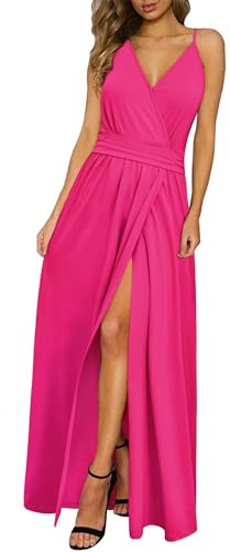 Newshows Vestido de Verano para Mujer Cuello en V Abertura Largo Maxi Elegante para Invitada de Boda Rosa,XL
