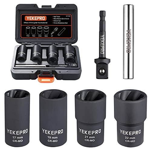 YEKEPRO 6 PCS Lug Nut Removal Tool, 1/2-inch Drive Impact Twist Socket Set & Bolt Extractor Set, 17,19,21,22MM Wheel Lock Removal Kit for Removing Damaged, Frozen, Rusted, Nuts & Screws, Cr-Mo Steel