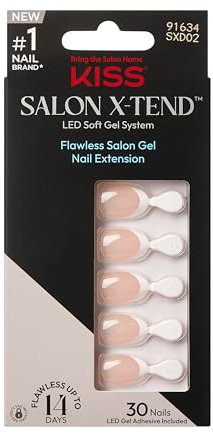KISS Salon X-tend Glue On Decorated Nails, Nonsense, Light White, Short Size, Almond Shape, 34 Ct.