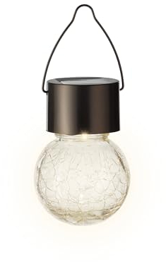 Lumineo Lampe solaire de jardin 6 x 9 cm – Lampe solaire LED en verre crash pour jardin, balcon – Lampe suspendue en forme de boule – Lampe solaire d'extérieur à suspendre comme décoration de jardin,