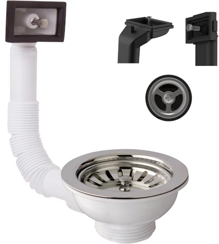 Schläfer 439410 | Universeller Spülenablauf aus Stahl mit rechteckigem und rundem Überlauf, Korbausführung, Spülloch Ø 90 mm, 1 1/2 Auslauf, Standard-Edelstahlablauf mit Schraube und Korb