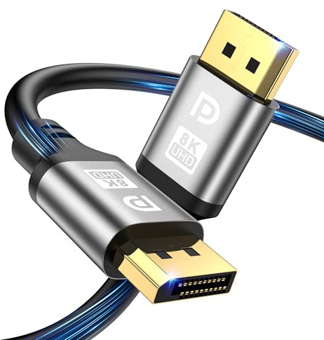 jojobnj Cable DisplayPort 2.1 de 10 m, 16 K a 60 Hz, 8 K a 120 Hz, 4 K a 240 Hz, HBR3 de 32.4 Gbps, HDR, G-Sync y FreeSync, DP a DP, macho a macho, redondo, interior, compatible con tarjetas gráficas