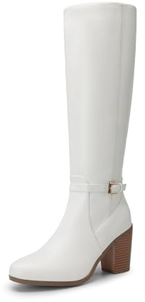 DREAM PAIRS Stivali da donna al ginocchio, comodi tacco a blocco grosso, punta a punta, cerniera laterale, stivali da equitazione in pelle scamosciata SDKB2403W, Poliuretano bianco., 40 EU