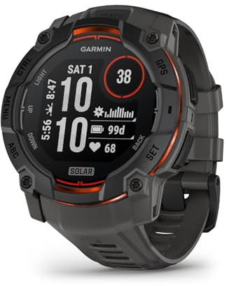 Garmin Instinct 3, 50mm SOLAR Rugged GPS Smartwatch,Built in Sports & Health apps, LED Flashlight, Shock Resistant, 10ATM, Unlimited battery life w/Solar charging, Black Bezel with Charcoal Band