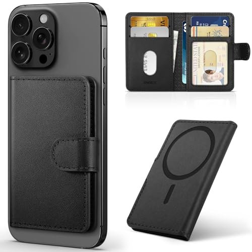 SHIELDON Compatible with MagSafe Wallet, Genuine Leather Magnetic Card Holder, RFID Blocking, 6 Card Slots & ID Window, Phone Wallet for Men Women, for iPhone 17/16/15/14/13/12 Series - Black