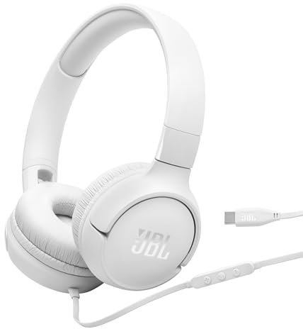 JBL Tune 520 C Auriculares con Cable, Ajuste cómodo, micrófono, Sonido Pure Bass, preajustes de ecualización, conectividad USB-C, diseño Plegable y Cable sin enredos, Blanco