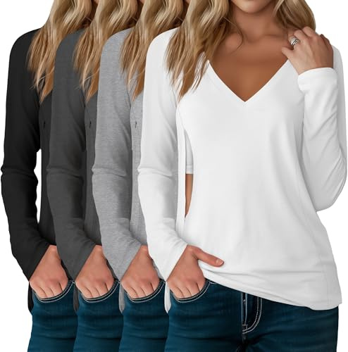 Sweetyweee 4 Pack Women's Long Sleeve Nursing Shirts with Hidden Zipper V Neck Breastfeeding Clothes Maternity Loose Fit Tops(Black, Dark Gray, Light Gray, White,Large)