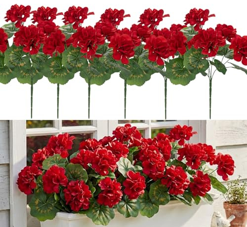 Arborus 6 st konstgjorda pelargon blommor bukett falska silkesblommor UV-beständig falsk röd pelargon bukett för utomhus hem trädgård balkong bord mittpunkt dekorationer