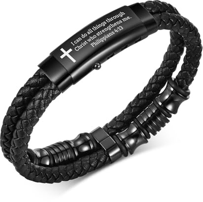 FLHEART I Can do All Things through Christ Bible Verse Engraved Black Braided Leather Cross Bracelets for Men Religious Jewellery Christmas Baptism Confirmation Christian Gifts for Son Husband Man