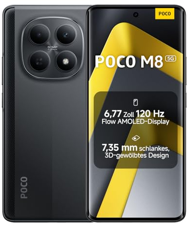 XIAOMI Poco M8 5G Smartphone, 8 GB RAM + 256 GB Speicher, 6,77 120 Hz Flow AMOLED Display, Snapdragon® 6 Gen 3, 50 MP KI-Dual-Kamera, 7,35 mm schlankes 3D-Curved Design, Schwarz, 2 Jahre Garantie