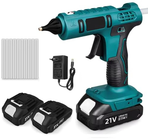 Pistola de pegamento caliente inalámbrica, pistola de pegamento para Makita 21 V, pistola de silicona eléctrica, calefacción rápida, 2 baterías, para 11 mm, varillas de pegamento, para bricolaje (21V)