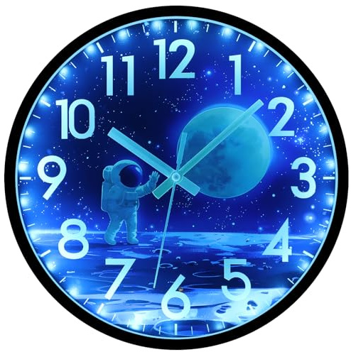 JoFomp Glow in The Dark Wall Clock 12 Inch, Silent Lighted Wall Clocks Battery Operated, Astronaut Night Light Wall Clock for Bedroom, LED Sound Control Light Up Wall Clocks for Living Room Decor