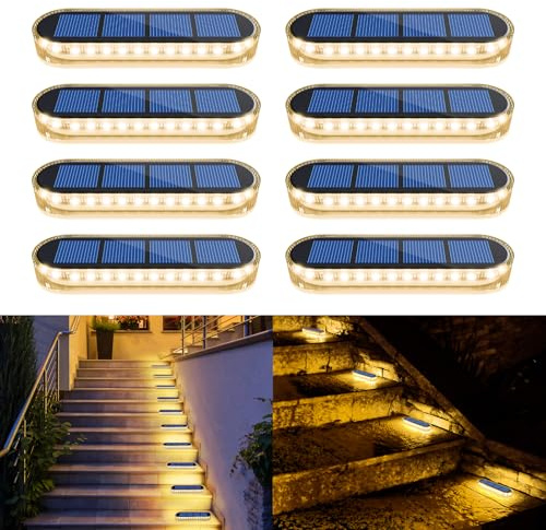 YiLaie Luz Solar Exterior, Luces Solares LED Exterior Jardin, Luz de Escalera Blanco Cálido 2700K con ON/OFF Automático Luz Solar LED Luz de Camino IP68 Impermeable Focos Led Exterior Solares,8 piezas