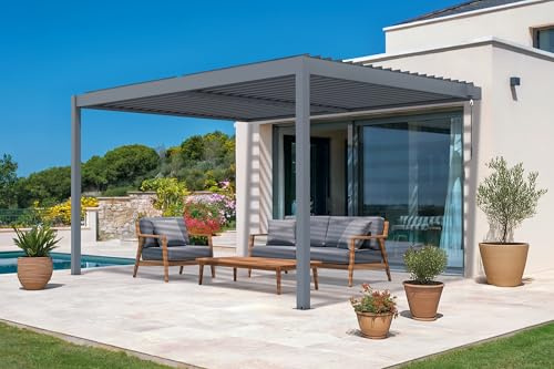 Cazeboo Pérgola bioclimática adosada Piana de 4x3 m en Aluminio Gris con persianas retráctiles en el Lado de 4 m.