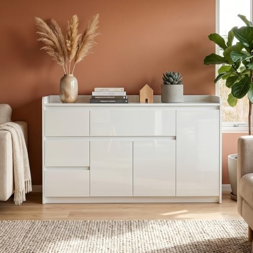 143cm White High Gloss Sideboard - Modern Kitchen Buffet with 4 Drawers | Mirror-like UV gloss、Adjustable inner space、Safety rail top