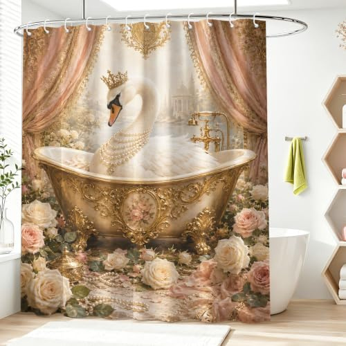 Vintage lyx duschdraperi, svan badkar guld gardiner ornament lyx tvättbar med krok toaletttyg duschdraperier för badrum badkar lägenhet dekoration 200 H x 240 B cm