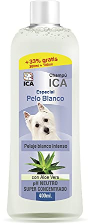 ICA CHP21 Champú Especial Pelo Blanco con Aloe Vera para Perros, pH Neutro, Pelaje Blanco Intenso y Brillante, con Fragancia a Talco, 400ml