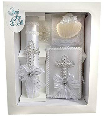 SWEA Pea & Lilli White Pearl Cross Baptism Candle Set Kit for Christenings with Shell and Favors