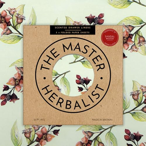 The Master Herbalist Duftende Schubladeneinlagen mit Sandelholz-Duft im floralen Sandelholz-Design (gefaltet), Packung mit 5 Bögen, enthält ätherische Öle, hergestellt in Großbritannien