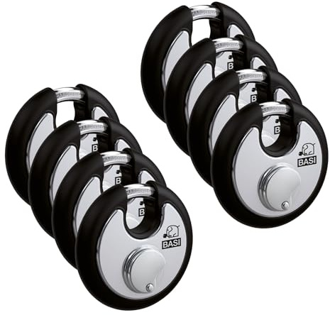 BASI | Rundbügelschloss 8er Set mit Witterungsschutz | gleichschließend | massiver Edelstahlkorpus | Kneifschutz | gehärteter Stahlbügel | Vorhängeschloss | Bügelstärke 9,5 mm | 8 Stück