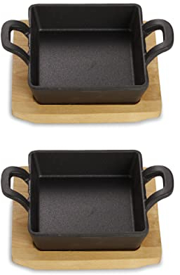 ECHTWERK Ciotola da portata in ghisa, padelle, pirofila quadrata con tagliere da portata, piccola padella già cotta, adatta per forni e barbecue, ideale per servire, 2 pezzi
