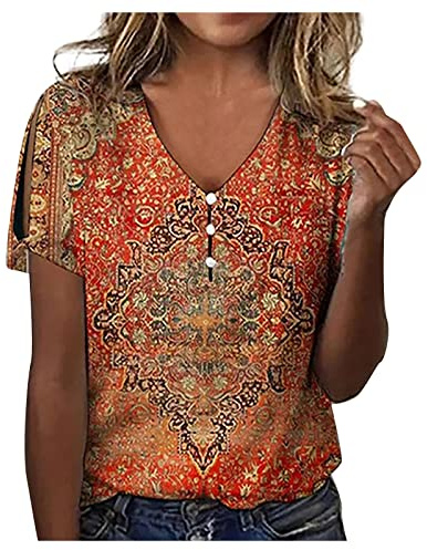Blusa para mujer, con botones y cuello en V, camiseta de verano de manga corta, túnica, hombros descubiertos, camiseta con estampado floral, para fiestas, adolescentes, niñas, tallas grandes