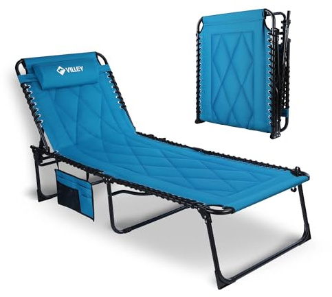 VILLEY Oversized Padded Chaise Lounge with Cushion, Foldable Camping Cot, Patio Reclining Lounge Chairs, Folding Sleeping Bed for Outdoor, Indoor, Backyard, Garden, Camping, Relaxing, Beach Tanning