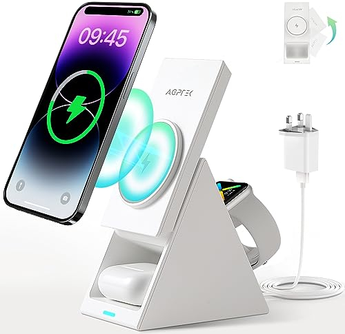 AGPTEK Cargador Magnético Inalámbrica 3 en 1, Cargador Inalámbrica para iPhone 15/14/13/12, Apple Watch, AirPods 2/3/Pro/Pro2, Diseño Triangular Innovador