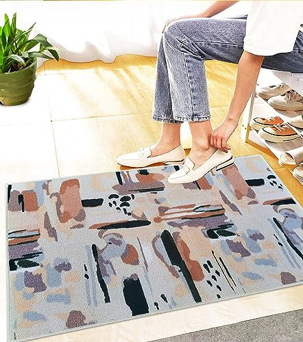 Door Mat, Indoor Washable Low Profile Distressed Door Matt for Front and Back Door inside Large Dirt Trapper Mats Entryway Patio Door Matt Beige Rust - 50 x 80 cm