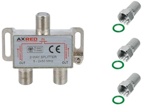 AXRED Sat Verteiler 2fach + 3X Anadol F-Stecker, für Verteilung von 1 Antennensignal auf 2 Endgeräte (Receiver/Fernseher/UKW Radio) 2-Fach Satverteiler Sat Splitter Satswitch Antennenverteiler