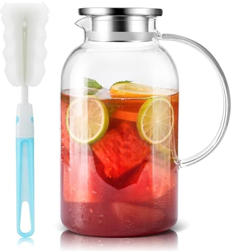 SUSTEAS 2.5 Liter 75oz Water Jugs with Lids, Easy Clean Heat Resistant Glass Jug with Handle for Hot/Cold Beverages - Water, Cold Brew, Iced Tea & Juice, 1 Long-Handled Brush Included