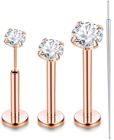 Chriscoco 3PCS 16G Titan Roségold Tragus & Labret Piercing 2/3/4MM CZ Stecker für Ohren & Lippen 6/8/10MM