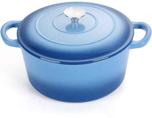 E-far Olla holandesa con tapa, olla redonda de hierro fundido esmaltado de 5 cuartos de galón para hornear pan, estofar, cocinar, asar, guisar, utensilios de cocina antiadherentes resistentes seguros