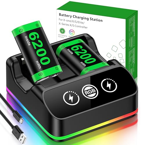 DINOSTRIKE 2X 6200mWh Controller Battery Pack Rechargeable Compatible with Xbox One【RGB Charging Station】【Extended USB C Cable】 Rechargeable Battery for Xbox Series S/X