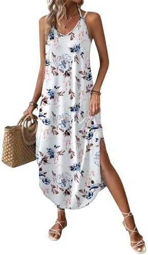 Chicrise Maxi Robe Femme Bretelles Spaghetti Col V Robe De Chambre Longue Robe Chemise sans Manches Blanc Grand 42-44