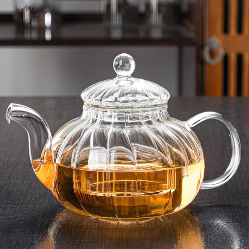 DxxD Tetera Cristal con Infusor, 650ml Tetera de Vidrio Transparente con Colador Extraíble, Tetera Pequeña Para Té de Hojas Sueltas, Hierbas, Frutas y Café, Tetera Vidrio para Estufa y Gas