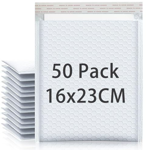 WYIPOLZI 50pcs Bubble Mailers, A5 Padded Envelopes Packaging Bags, 18x23cm Poly Bubble Mailers, Self Seal Bubble Envelopes for Shipping, Mailing, Packaging (White)