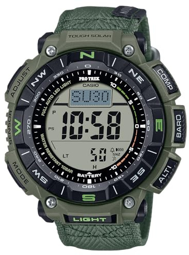 Casio PRO Trek PRG340B-3 Solar-Powered Outdoor Watch with Triple Sensor, Bio-Based Resin Case, Flame-Resistant Faux Leather Band, 100M Water Resistance – Olive Green
