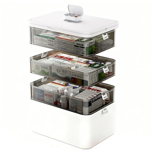 Zjyufy Organizer per medicinali a 4 livelli di grande capacità, scatola per medicinali portatile con manico, scatola medica multifunzionale con vassoio rimovibile, porta medicine da casa, bianca