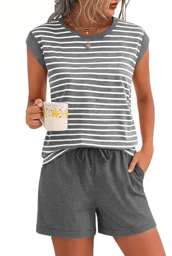 Marvmys Pyjamas, dam, kort, bomull, randig, sommar, tvådelad pyjamas, set, kortärmad, rundringad, kortärmade shorts med mudd, sovkläder, loungewear S-XXL, Mörkgrå, M