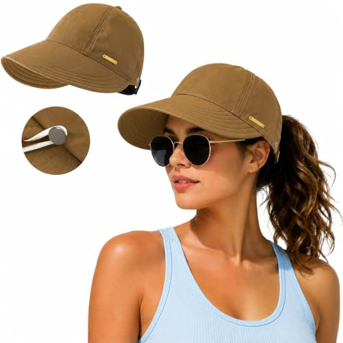 Sombrero de Sol Mujer UPF 50+ Protección UV, Plegable con Apertura para Coleta y Ganchos Metálicos, Transpirable, Cómodo y Ligero para Playa, Vacaciones, Viaje y Actividades al Aire Libre (Marrón)