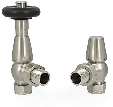 Hot Flow Satin Nickel Jordan Angled TRV Thermostatic Radiator Valve (Pair) Includes Angled TRV Body & One Lock Shield for Quick & Easy Temperature Control.