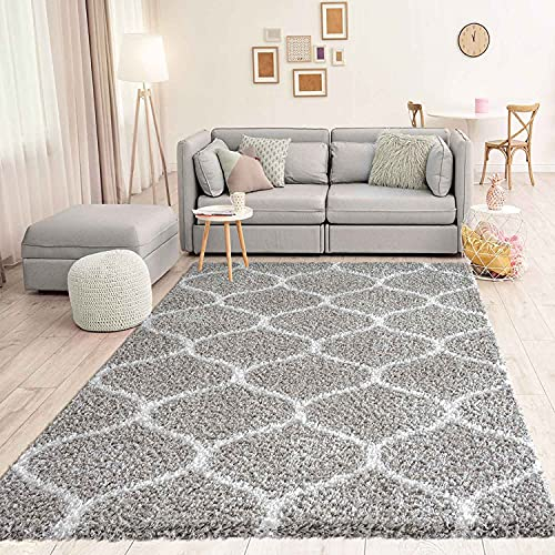 VIMODA Hochflor Teppich Muster Shaggy Marokkanisch Rauten Deko Wohnzimmer Grau Creme weich Robust Ethno, Maße:140x200 cm